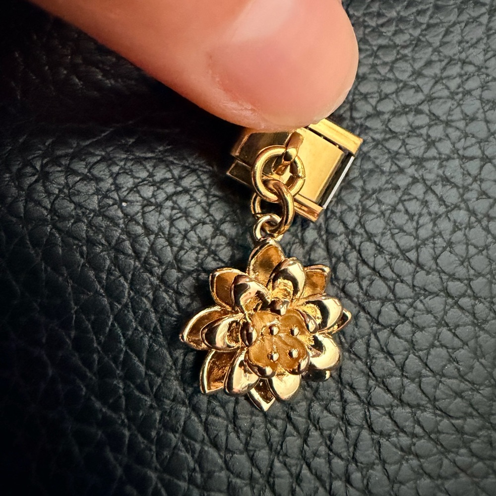 Premium Gold Tone Lotus Flower Italian Charm Link – 3D Floral Design